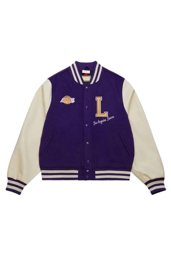 Varsity Jacket Purple and Cream Letterman Sports Jacket (US, Alpha, Large, Regular, Regular, White and Purple)
