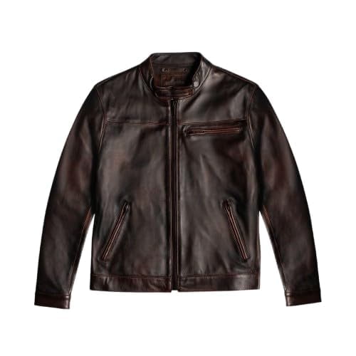 HIDE CRAFTS Vintage Style Motorcycle Leather Jacket, Brown, Stand Collar, Full Zip Front (US, Alpha, Small, Regular, Regular, Brown)
