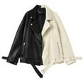 thumbnail image 1 of HIDE CRAFTS Women's Black & Beige Genuine Sheepskin Leather Jacket Moto Asymmetric Zip Front Oversized Fit Style (US, Alpha, X-Small, Regular, Regular, Beige and Black), 1 of 6
