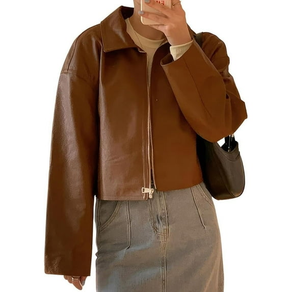 HIDE CRAFTS Women's Brown Genuine Sheepskin Leather Jacket Casual Fashion Zip-Up, Loose Fit Style (US, Alpha, Small, Regular, Short, Brown)