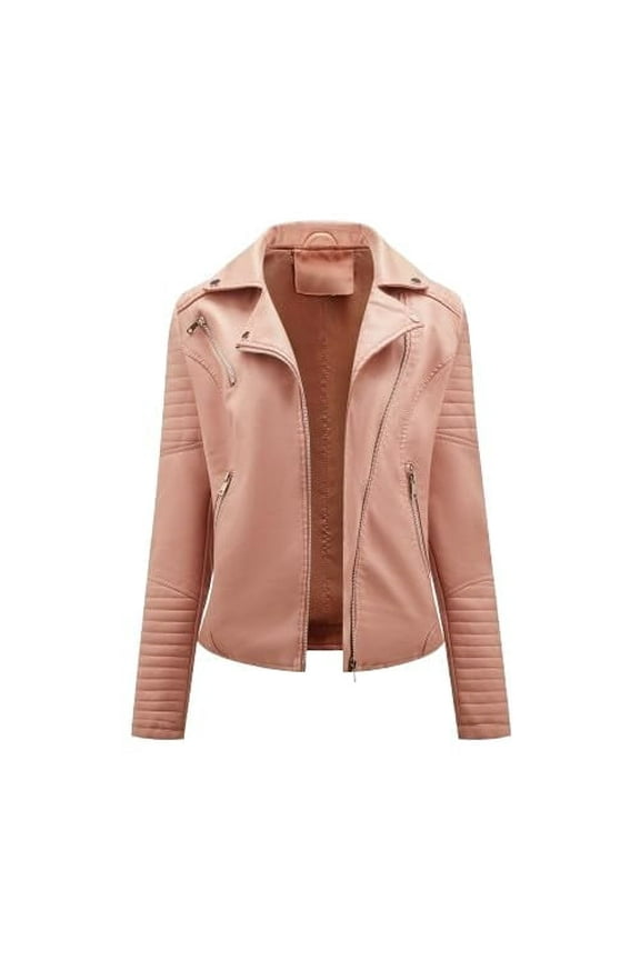 Women's Genuine Sheepskin Leather Motorcycle Coat with Zipper and Pockets (Pink)