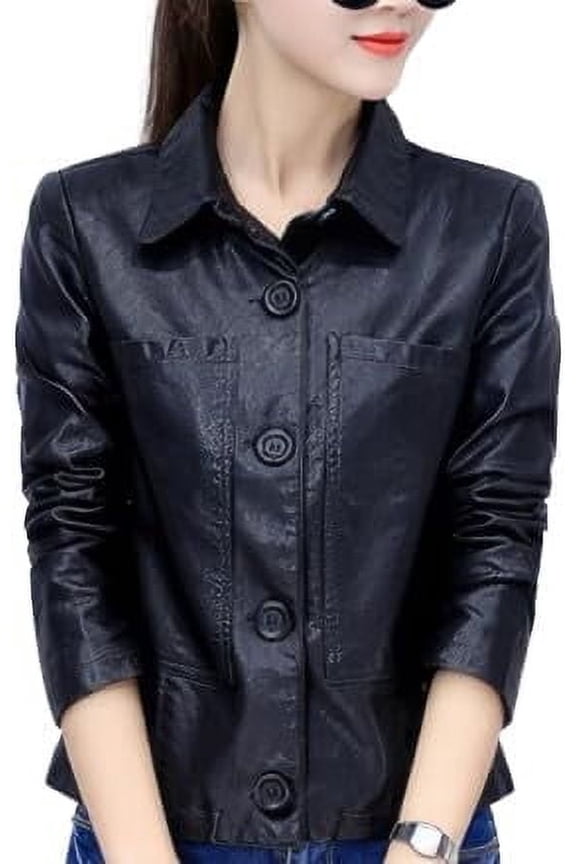 Women's Sheepskin Leather Jacket with Shirt Collar, Black and Green, Racer Spoty Korean Style (US, Alpha, X-Small, Regular, Regular, Black)