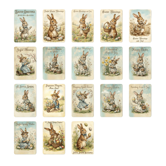 HIELLFQ 18 Pcs Easter Cards, Vintage Bunny Easter Postcards Antique Retro Greeting Cards Set for Friends Family Party Supplies