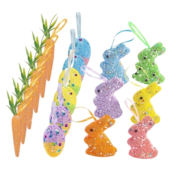 HIELLFQ 18Pcs Easter Tree Ornaments Spring Party Hang Decor with Rope Colorful Foam Egg Carrot Bunny Pendant, Easter Egg Ornaments for Tree Home School Game Wall