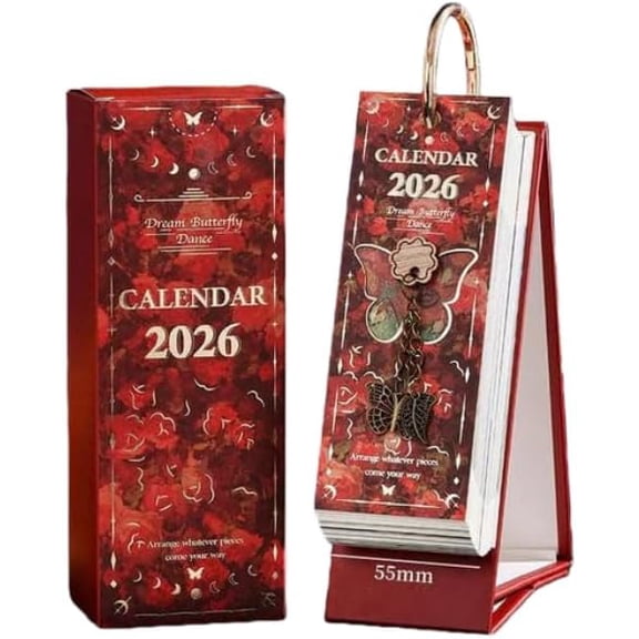 HIELLFQ 2026 Vintage European Style Oil Painting Flip Calendar, Flip Desk Calendar with Butterfly Pendant, Elegance Art Oil Wall Calendar 12 Month Planner Red