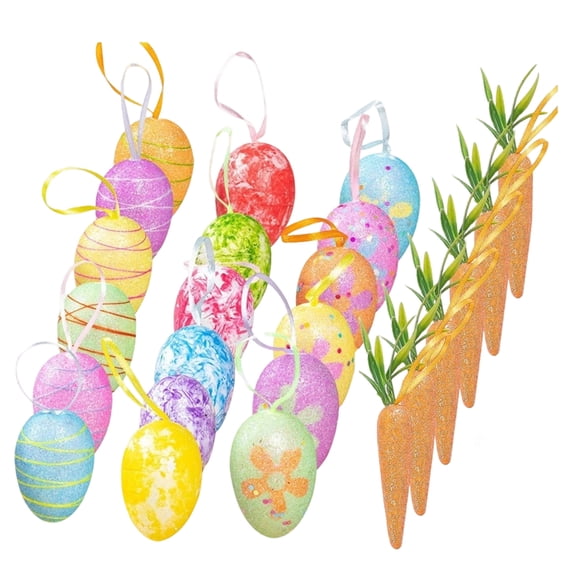 HIELLFQ 24Pcs Easter Tree Ornaments Spring Party Hang Decor with Rope Colorful Foam Egg Carrot Bunny Pendant, Easter Egg Ornaments for Tree Home School Game Wall