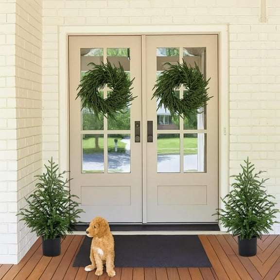HIELLFQ 2Pcs Norfolk Christmas Tree Fake Tree 23.6" Artificial Christmas Tree Living Room Porch Front Door Decorations(No cement)