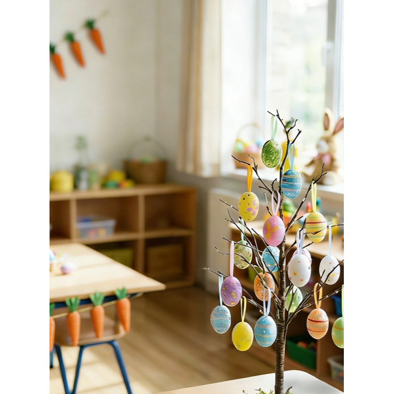 HIELLFQ 30Pcs Easter Tree Ornaments Spring Party Hang Decor with Rope Colorful Foam Egg Carrot Bunny Pendant, Easter Egg Ornaments for Tree Home School Game Wall