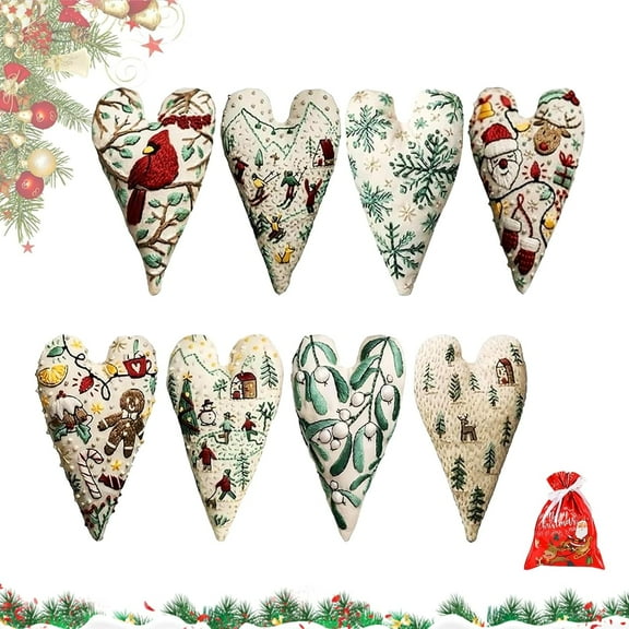 HIELLFQ 8Pcs Embroidery Christmas Ornament Kits DIY Heart Shaped Hand Embroidered Christmas Embroidery Kit Ornament Holiday DIY Cross Stitch Tree Ornament Craft Kit with Needles(Finished)