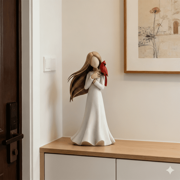 HIELLFQ Cardinal Memorial of Love and Serenity Statue, 6.5" Angel Cardinal Figurines, White Resin Memorial Ornament with Red Bird for Sympathy, Remembrance & Comfort, Sculpted Hand-Painted Figurine