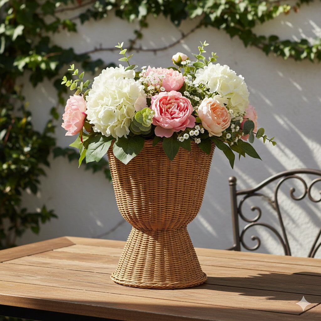 HIELLFQ Decorative Plant Pots Elegant Home Decor,15.3" Rattan Planter Easter Decor for Home Garden, Flower Pot with Scalloped Rim Outdoor Indoor Spring Decor