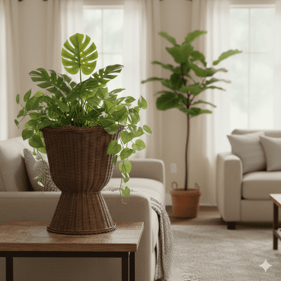 HIELLFQ Decorative Plant Pots Elegant Home Decor,15.3" Rattan Planter Easter Decor for Home Garden, Flower Pot with Scalloped Rim Outdoor Indoor Spring Decor