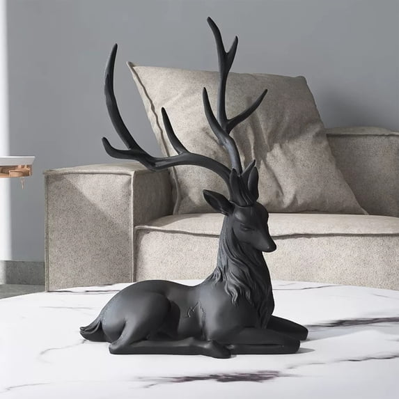 HIELLFQ Resin Reindeer Christmas Decor-Set of 2 Black Reindeer Statues 13.7"/9.8" Elegant Christmas Reindeer Indoor Holiday Decorations B