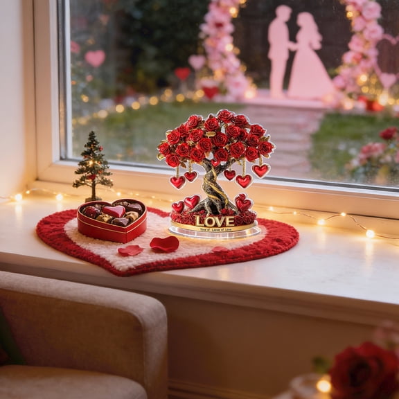HIELLFQ Rose Tree with Heart Valentine's Day Decorations 8.1" Valentine Tree Romance Valentines Day Gifts for Women 2D Flat Acrylic Fake Tree Valentine Ornaments for Table Mantel