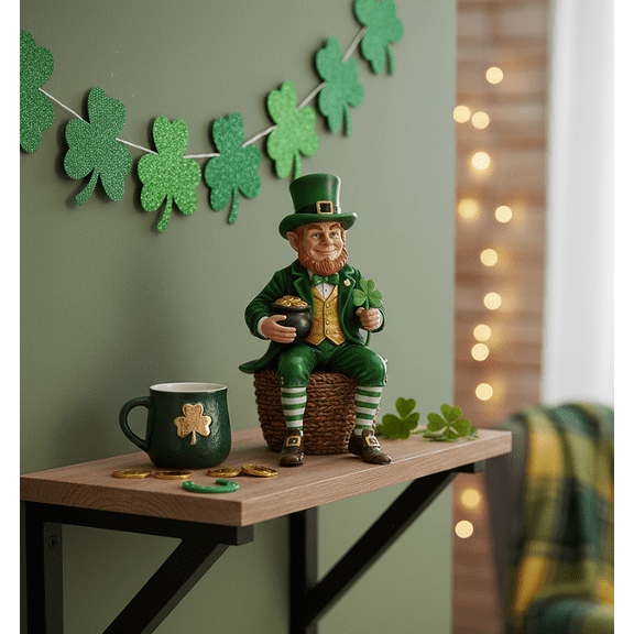 HIELLFQ Sitting Leprechaun Figurine St Patricks Day Decor Pot of Gold & Shamrock Resin Gnome Figurines Office Desk Party Shelf Home Decor,4.7" St Patricks Day Gifts for Irish Decor Lovers