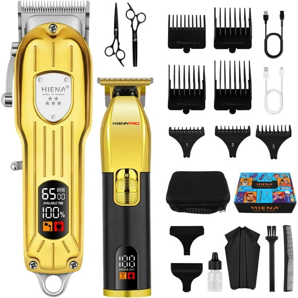 HIENA PRO Hair Clippers Set for Men, Professional Barber Kit for Hair Cutting, Cordless Rechargeable Clippers and Trimmers Set, Hair Cutting Kit with LED Display, USB, Gifts for Men (Gold Black)