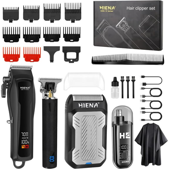 HIENA PRO Professional Hair Clippers Men, Complete Barber Kit, Cordless Hair Clippers, Beard Trimmer, Aluminium Foil Shaver and Nose Hair Clippers Type-C Rechargeable Barber Clippers with LED Display