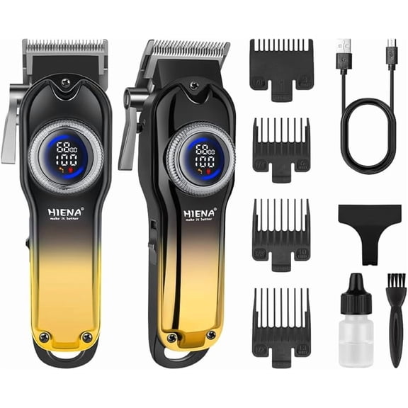 HIENA PRO Professional Hair Clippers for Men Cordless Clippers for Men Hair Cut Hair Clippers for Barber USB Rechargeable Haircut Machine with LED (Gold)