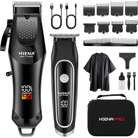HIENA PRO Professional Hair Clippers Men Electric Hair Clipper Set for Cordless Hair Clipper and Trimmer Set Full Barber Clipper Set with LED Display (Black) (Black2)