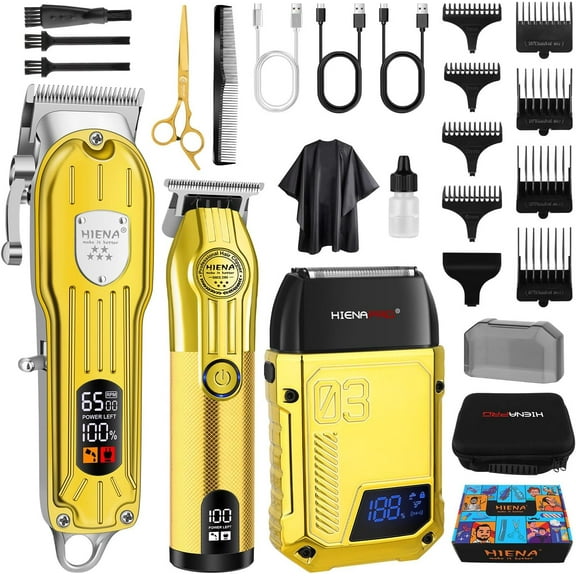 HIENA PRO Professional Hair Clippers Men, Full Hair Cutting Kit Clipper Trimmer and Foil Shaver Set Cordless Hair Clipper for Barber Kit with LED Display