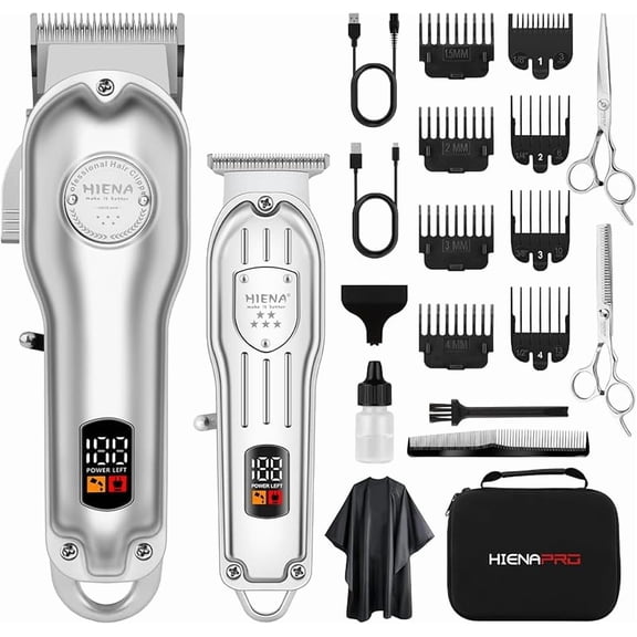 HIENA PRO Professional Hair Clippers Set for Men, Cordless Barber Clipper Berad Trimmer Set, Hair Cutting Machine Kit, Rechargeable Clipper Set for Barbers with LED Display (Black)