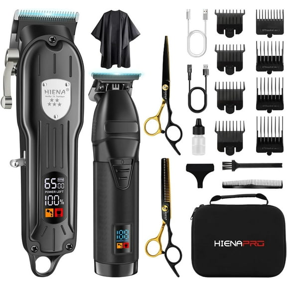 HIENA PRO Professional Hair Clippers Set for Men, Cordless Barber Clipper T-Blade Beard Trimmer Set, Hair Cutting Machine Kit, Rechargeable Clipper Set for Barbers with LED Display