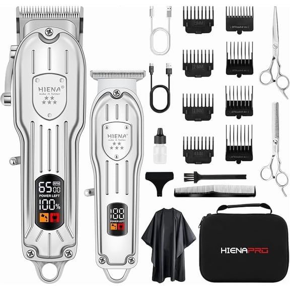 HIENA PRO Professional Hair Clippers Set for Men, Cordless Barber Clipper T-Blade Trimmer Set, Electric Hair Cutting Machine Kit, USB Rechargeable Clipper Set for Barbers with LED Display (Silver)