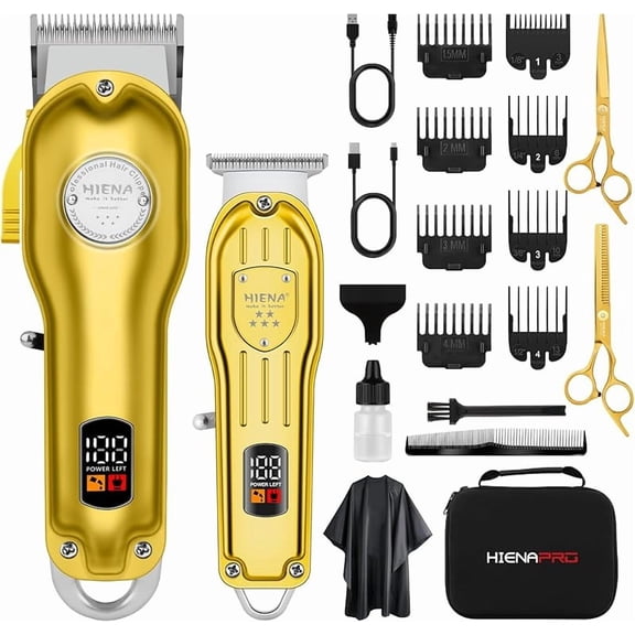 HIENA PRO Professional Hair Clippers Set for Men, Cordless Barber Clipper Trimmer Set, Hair Cutting Machine Kit, Rechargeable Clipper Set for Barbers with LED Display (Gold)