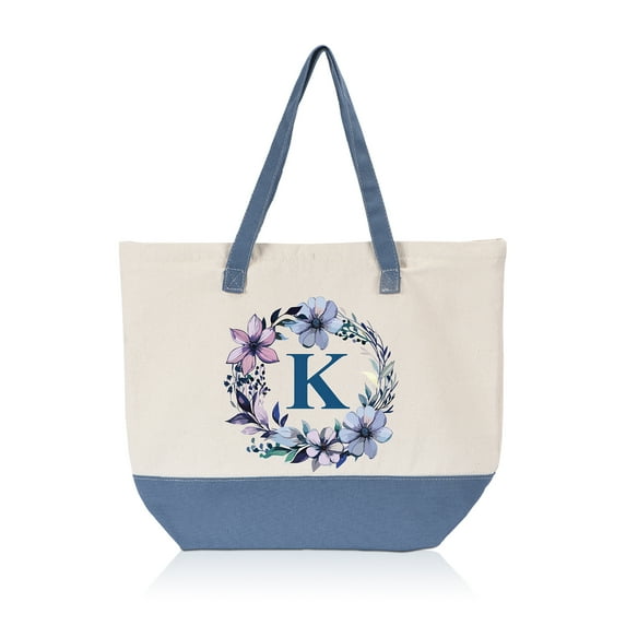 HIFA Initial Tote Bag for Women, Personalized Canvas Tote Bag - Two-Tone, Zipper Closure, Inner Pocket, Organic Cotton, Sturdy Multipurpose Shoulder Bag Suitable for Shopping, Grocery, Beach, Travel