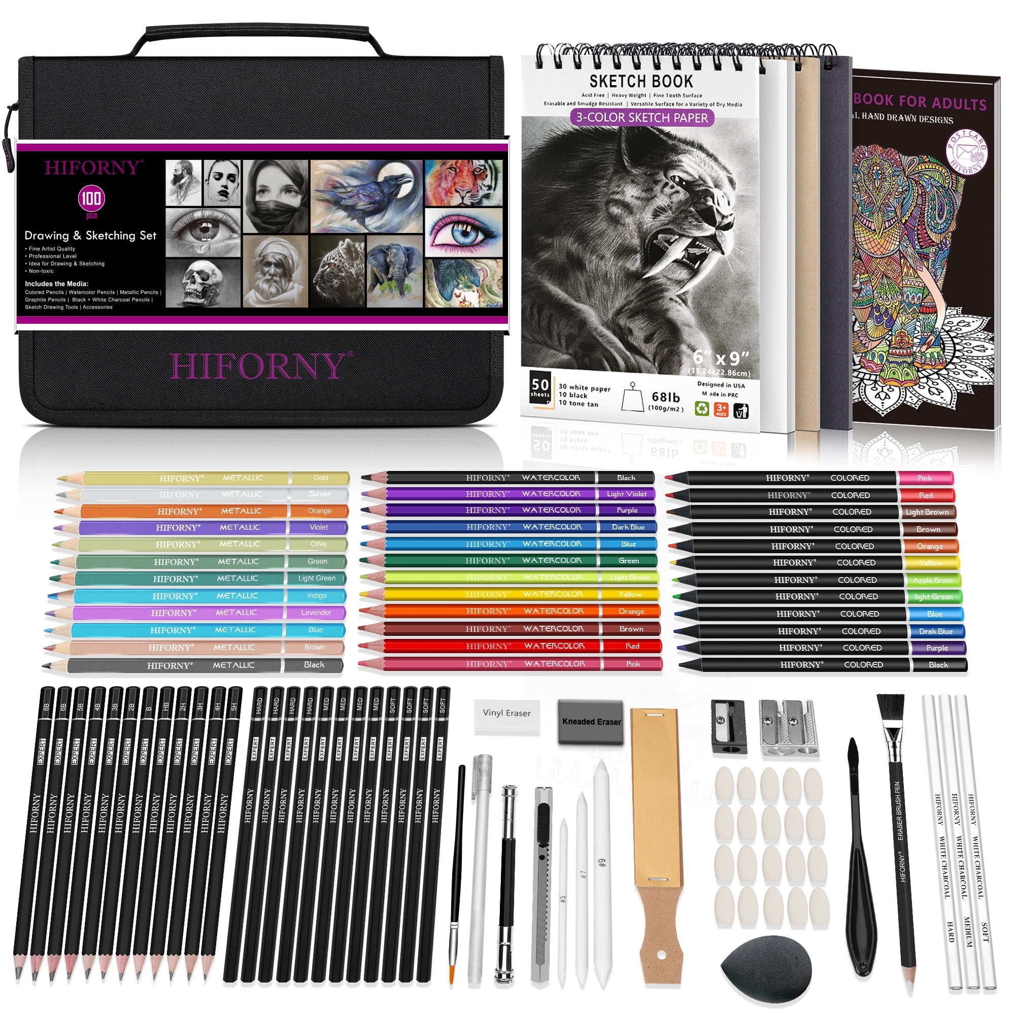 HIFORNY 100 PCS Drawing & Sketching Set, Professional Art Supplies with Graphite,Charcoal, Colored,Watercolor,Metallic Pencils,Blending Tools,Sketchbook and Coloring Book in Zipper CaseBlack