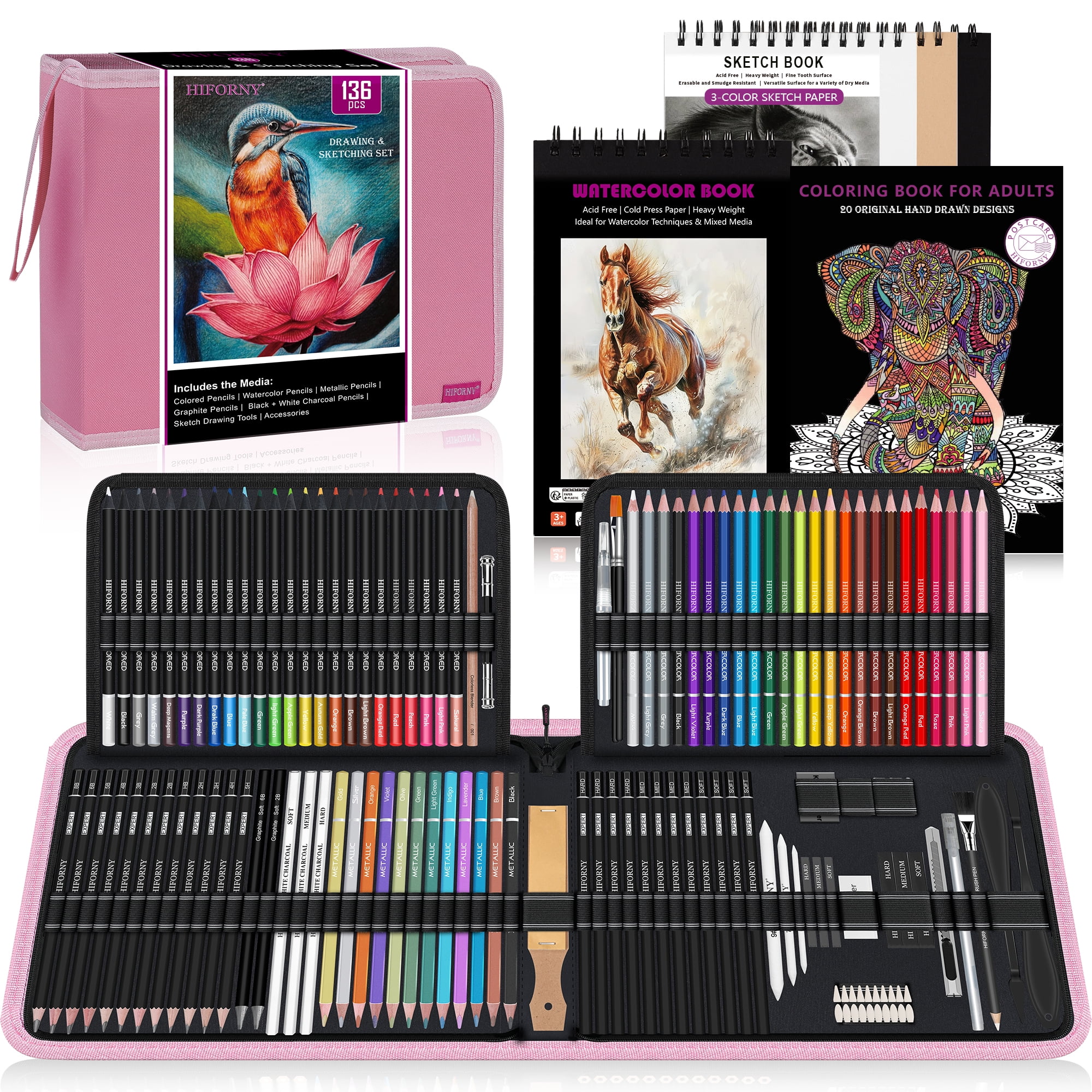 HIFORNY 136 PCS Drawing & Sketching Set,Pro Art Supplies with Graphite,Charcoal, Colored,Watercolor,Metallic Pencils,Blending Tools,Sketchbook,Watercolor Book and Coloring Book in Zipper Case(Pink)