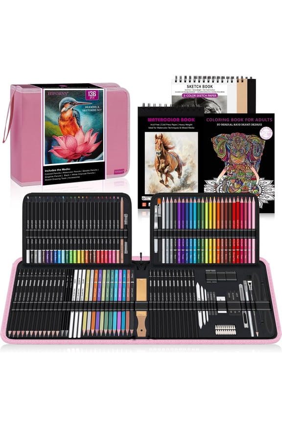 136 PCS Drawing & Sketching Set,Pro Art Supplies with Graphite,Charcoal, Colored,Watercolor,Metallic Pencils,Blending Tools,Sketchbook,Watercolor Book and Coloring Book in Zipper Case(Pink)