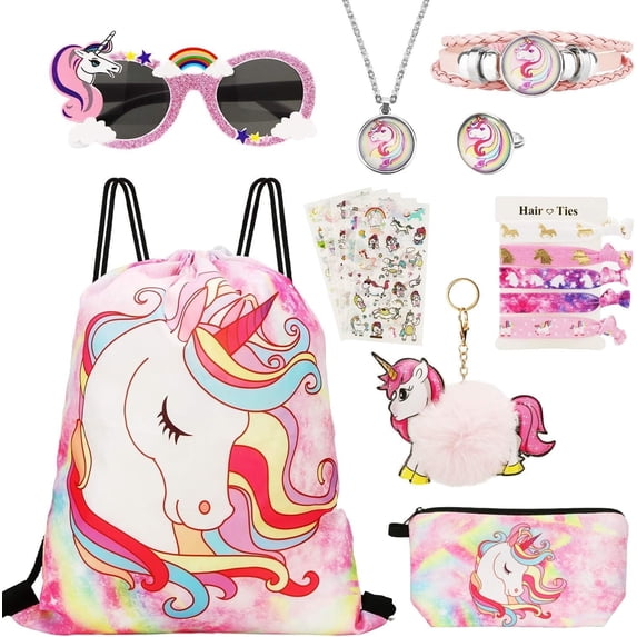 HIFOT 18pcs Unicorn Gifts As Party Favors for Kids Goodie Bags, Unicorn Toy, Makeup Bag, Drawstring Backpack, Sunglasses For Girls, Pendant Necklace, Rings, Bracelets, Keychain, Stickers, Hair Ties