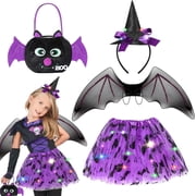 HIFOT Bat Costume for Kids,LED Tutu Skirt Bat Wings Light Up Bat Headband and Candy Bag Vampire Costume Girls,Bat Cosplay Dress Halloween Costume Fancy Dress