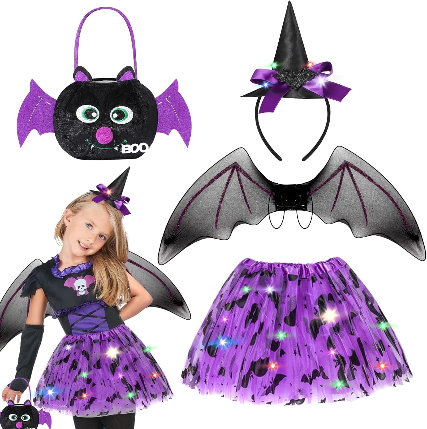 Disfraz de murciélago HIFOT para niños, falda de tul con luces LED, alas de murciélago, diadema de murciélago iluminada y bolsa de dulces, disfraz de vampiro para niñas, vestido de cosplay de murciélago para Halloween