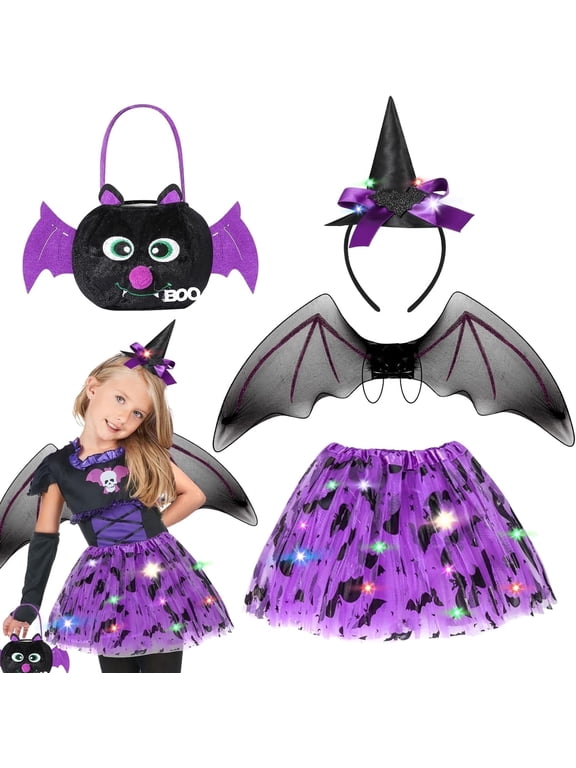 HIFOT Bat Costume for Kids,LED Tutu Skirt Bat Wings Light Up Bat Headband and Candy Bag Vampire Costume Girls,Bat Cosplay Dress Halloween Costume Fancy Dress