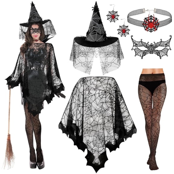 HIFOT 6pcs/set Spider Costume Adult Spider Web Poncho Tights Spider Necklace Chocker Earings Mask and Witch Hat Halloween Costumes for Women
