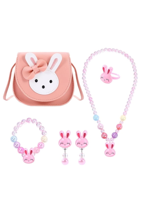 Purse for Little Girls Jewellery Set, Bunny Crossbody Bag Rabbit Necklace Bracelet Rings Earrings Princess Play Dress Up Jewelry Accessories Party Favors Gift