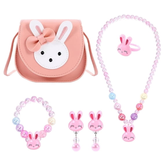 VETPW Purse for Little Girls Jewellery Set, Bunny Crossbody Bag Rabbit Necklace Bracelet Rings Earrings Princess Play Dress Up Jewelry Accessories Party Favors Gift