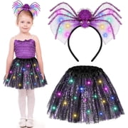 HIFOT Spider Costume for Kids, LED Spider Tutu Skirt Light Up Spiderweb Headband Set Illuminate Spider Fancy Dress Girls Halloween Costumes Cosplay Party