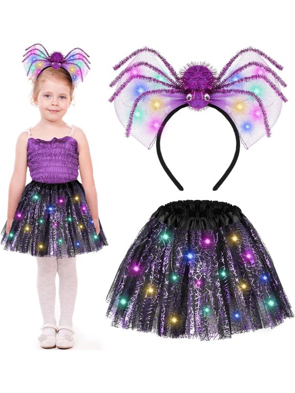 Spider Costume for Kids, LED Spider Tutu Skirt Light Up Spiderweb Headband Set Illuminate Spider Fancy Dress Girls Halloween Costumes Cosplay Party