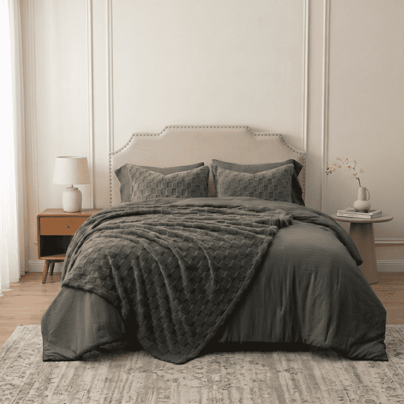 HIG 2-in-1 Queen Comforter Set with Detachable Fluffy Blanket & Duvet Insert - Prewashed 6PC Gray Bedding Sets for All Season