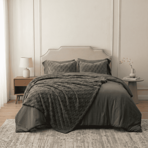HIG 2-in-1 Queen 6-Piece Comforter Set with Detachable Fluffy Blanket, Prewashed All-Season Bedding Set, Dark Gray