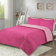 HIG 3 PCS Reversible Leaf Oversized Bedspread Set, Brushed Microfiber, Hot Pink, King Coverlet Set