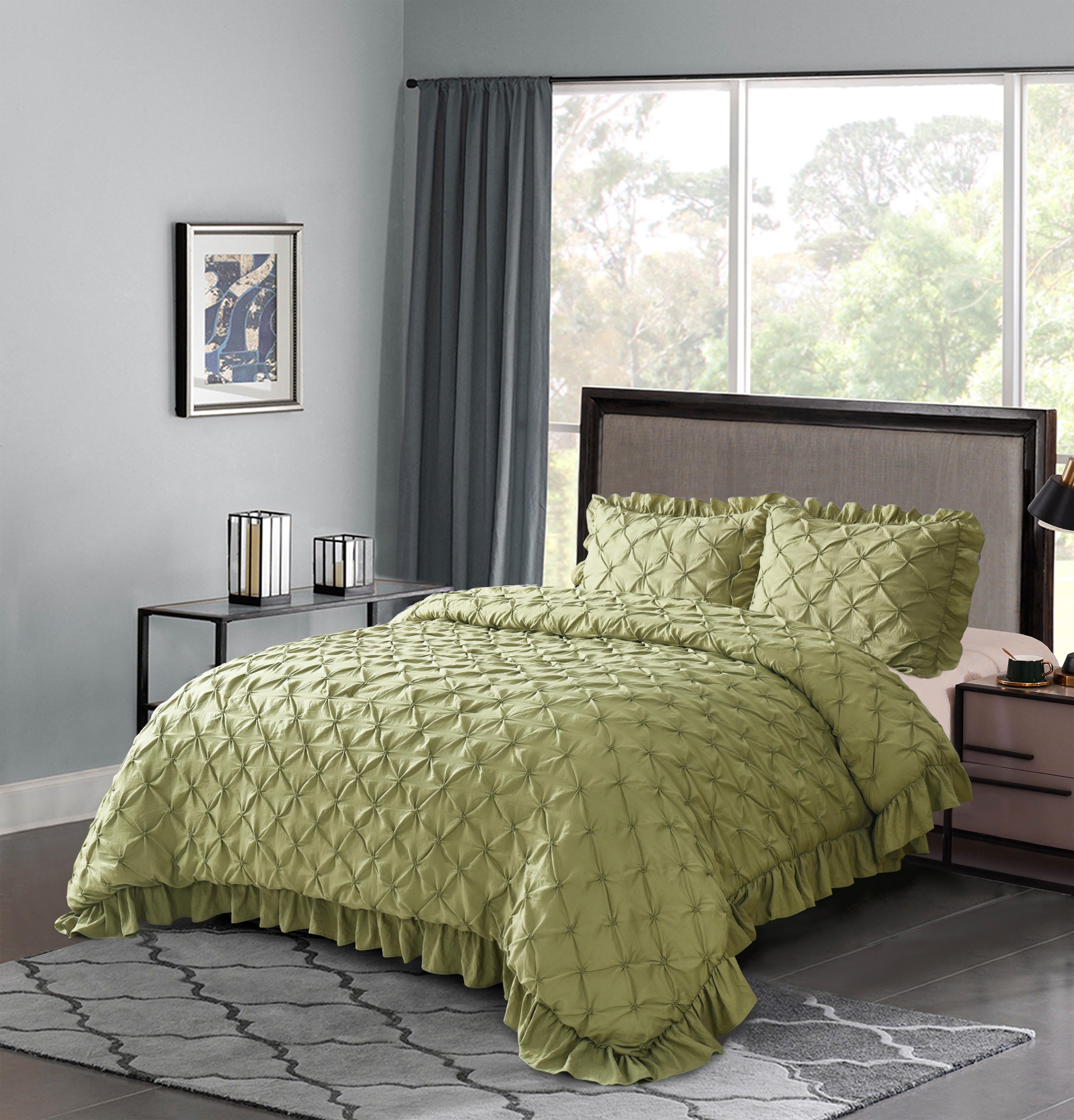 HIG 3 Piece Pinch Pleated Sage Comforter Set, King