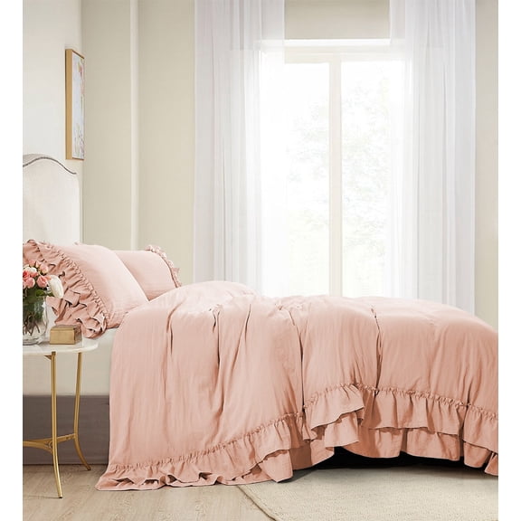 HIG 3 Piece Vintage Duvet Cover Set, Ultra Soft Pre-washed Microfiber, Peach Pink, King