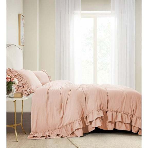 HIG 3 Piece Vintage Duvet Cover Set, Ultra Soft Pre-washed Microfiber, Peach Pink, Queen