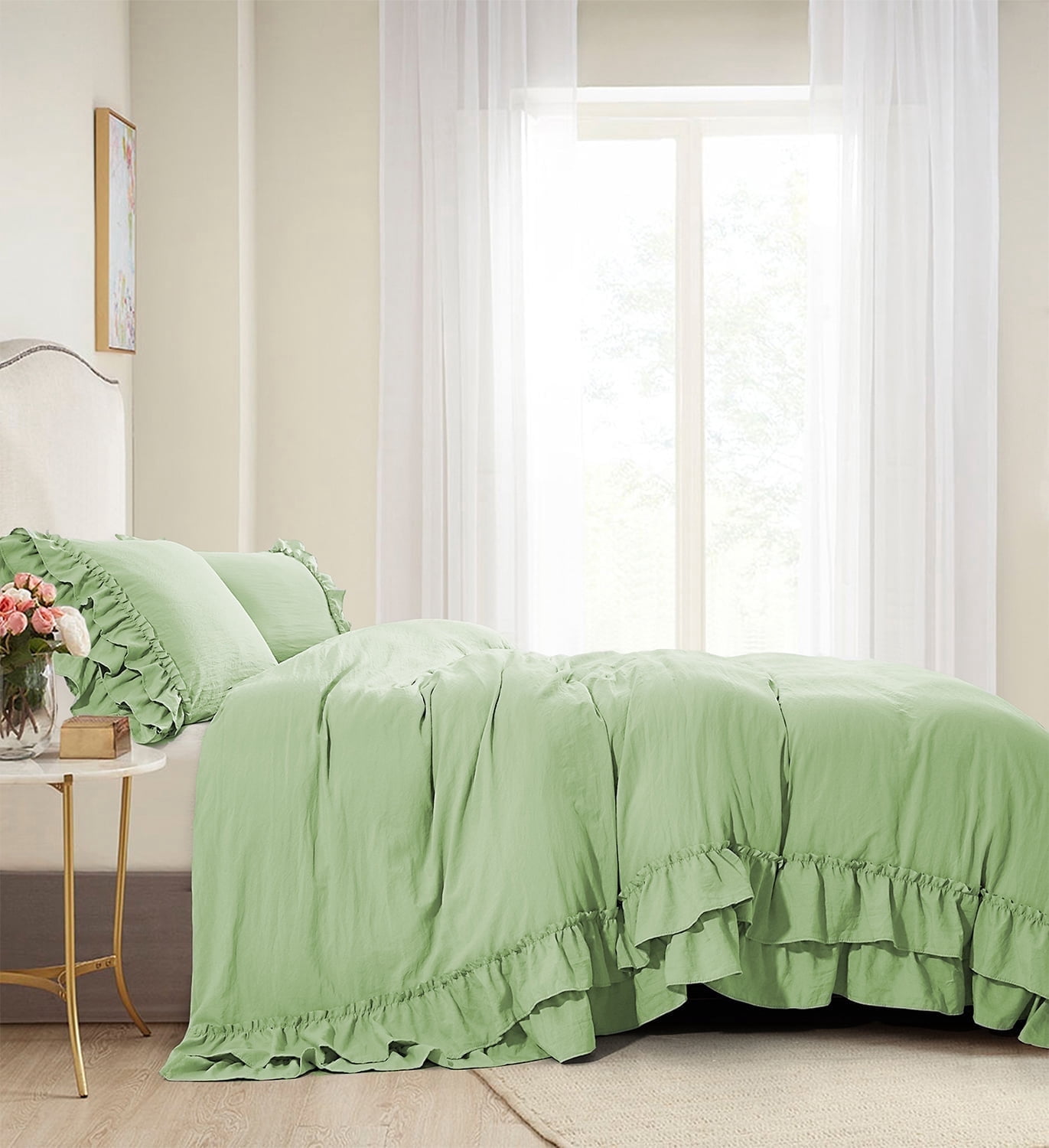 HIG 3 Piece Vintage Duvet Cover Set, Ultra Soft Pre-washed Microfiber, Sage, King