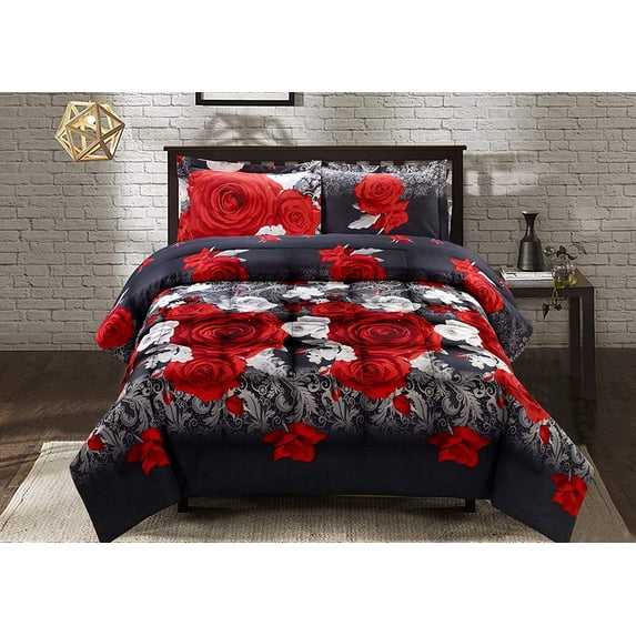 HIG 3D 3 Piece Red And White Rose Reactive Printed Comforter Set, Queen