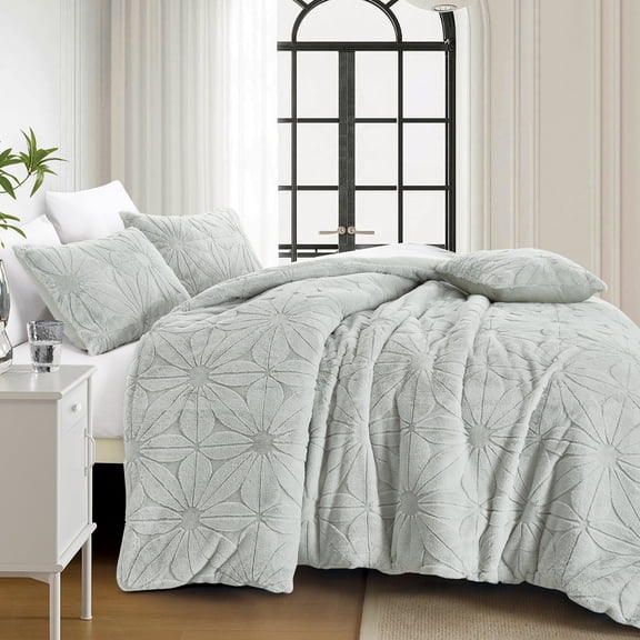 HIG 4-Piece Grey Faux Fur Comforter Set – Soft Cozy Carved Texture, All-Season Bedding, Includes Comforter, 2 Shams & 1 Decorative Pillow, Queen